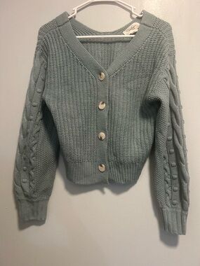 Jessica Simpson Sage Green Cable Sleeve V-Neck Cardigan